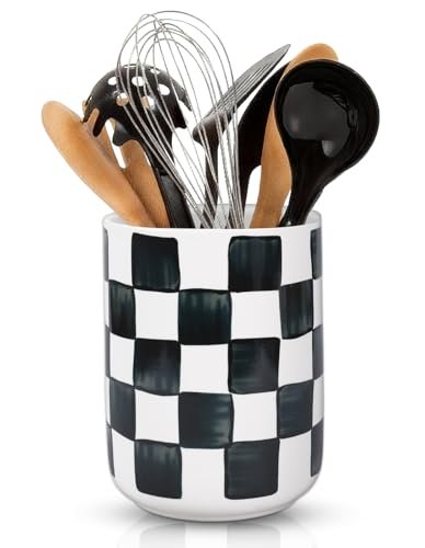 JarThenaAMCS Checkered Ceramic Utensil Holder Watercolor...