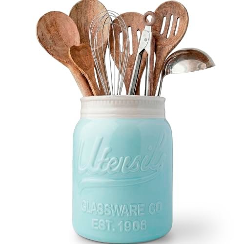 Comfify Blue Mason Jar Utensil Holder – Ceramic Farmhouse.