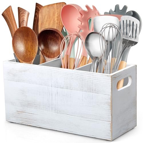 ALELION Rustic White Utensil Holder with Removable Divider