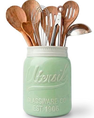 Comfify Green Mason Jar Utensil Holder – Wide Mouth Ceramic