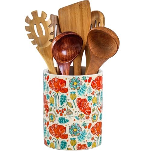 Kitchen Utensil Holder, 6.3 Inch Red Floral Ceramic Modern