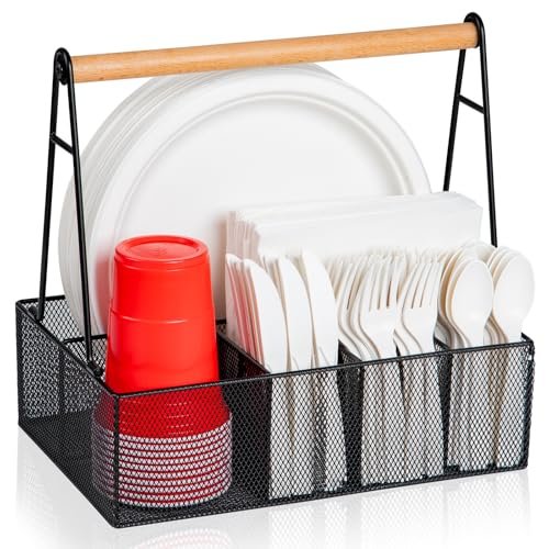 Paper Plate Organizer with Handle for Countertop, Metal...