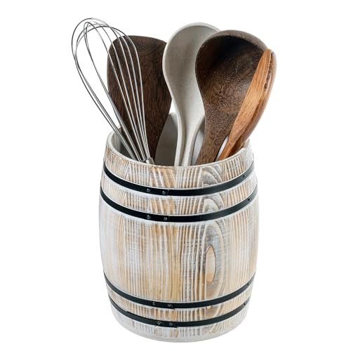 MyGift Wine Barrel Design Kitchen Utensil Holder White Wood...
