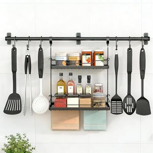 NADAMOO Spice Rack Wall Mount, 2-Tier Storage with Towel Bar