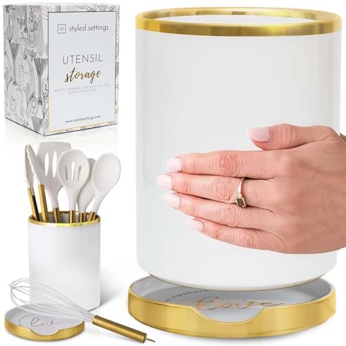 White Utensil Holder with Built-In Ceramic Spoon Rest, 2-Pc...