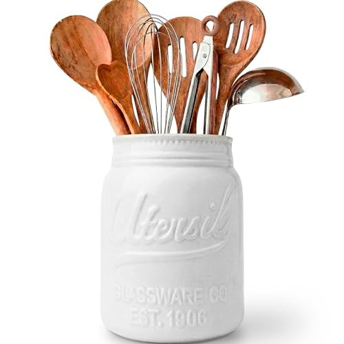Comfify White Mason Jar Utensil Holder – Wide Ceramic...