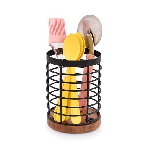 EDHAS Black Iron Kitchen Utensil Holder with Acacia Wood...