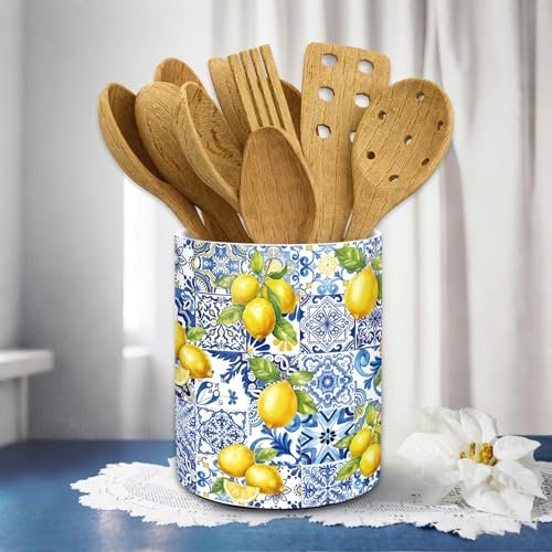 JarThenaAMCS Capri Lemon Ceramic Utensil Holder Blue Tiles