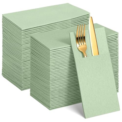 120 Pcs Sage Green Linen-Feel Paper Napkins with Flatware...