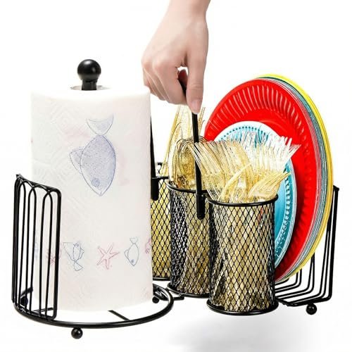 Elsjoy Picnic Utensil Holder Caddy with Handle Paper Towel...