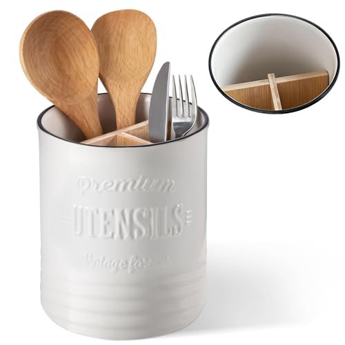 DOWAN 3 Compartment Kitchen Utensil Holder, 7.2″ Ceramic...