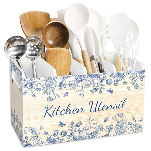 JarThenaAMCS Blue Floral Wooden Utensil Holder 4...