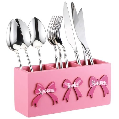 Patelai Pink Bow Wood Flatware Silverware Caddy for...