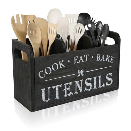 Wooden Kitchen Utensil Holder for Counter, 3 Compartments...