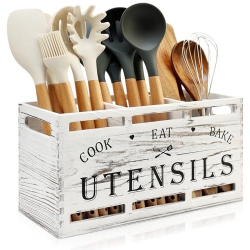 Wood Large Utensil Holder for Kitchen Counter Rustic...